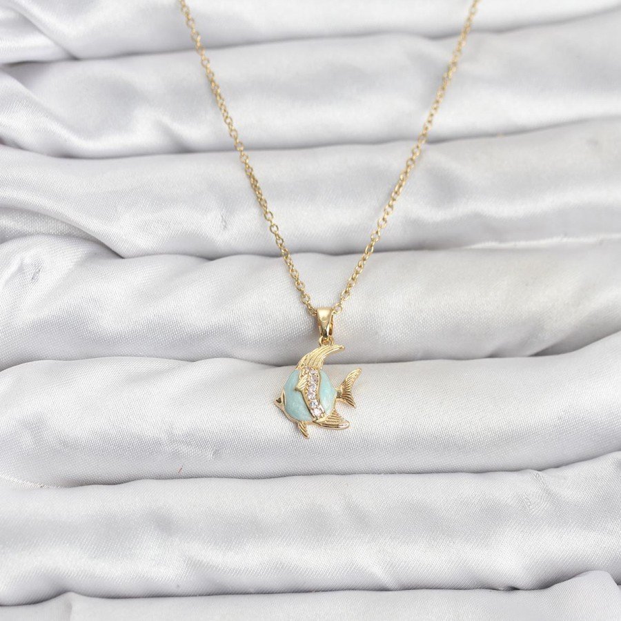 316L Steel Chain Gold Color Fish Model Zircon Stone Women s Necklace
