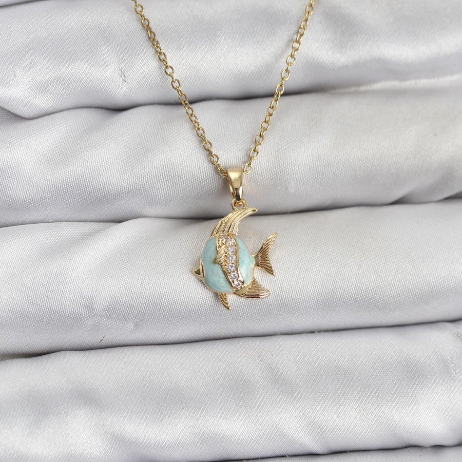 316L Steel Chain Gold Color Fish Model Zircon Stone Women s Necklace