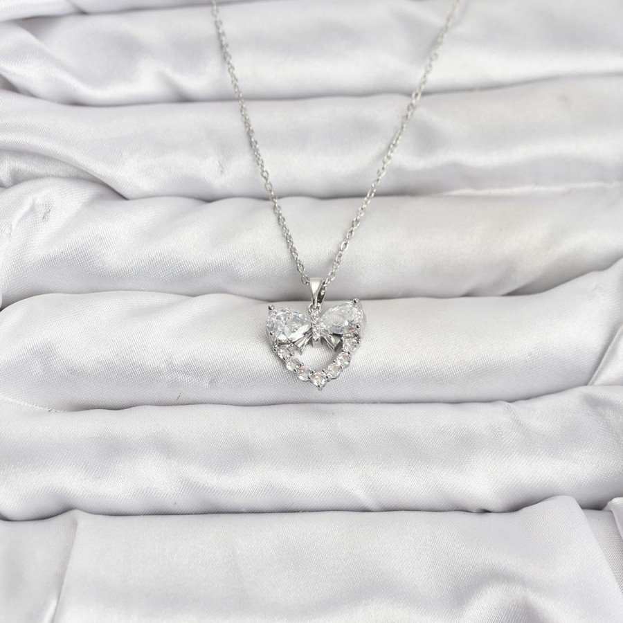 316L Steel Chain Silver Color Heart and Bow Model Zircon Stone Women s Necklace