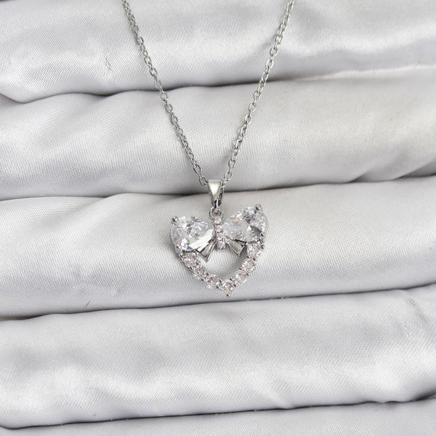 316L Steel Chain Silver Color Heart and Bow Model Zircon Stone Women s Necklace