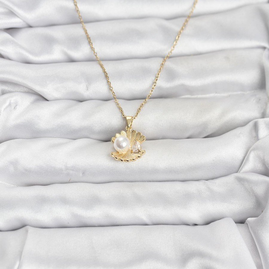 316L Steel Chain Gold Color Oyster Pearl Model Zircon Stone Women s Necklace