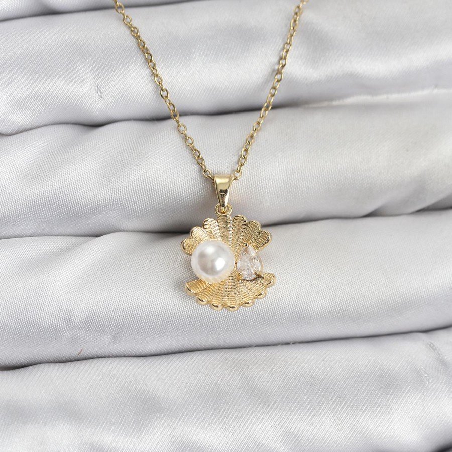 316L Steel Chain Gold Color Oyster Pearl Model Zircon Stone Women s Necklace