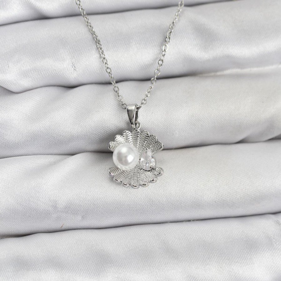 316L Steel Chain Silver Color Oyster Pearl Model Zircon Stone Women s Necklace