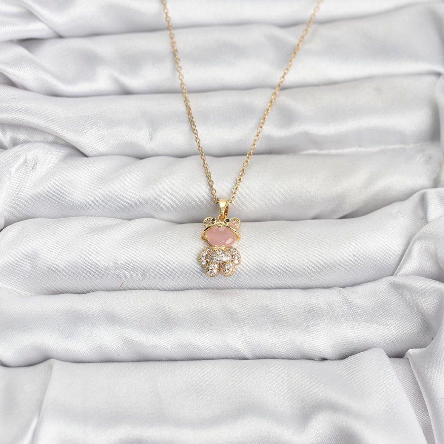 316L Steel Chain Gold Color Teddy Bear Model Zircon Stone Women s Necklace