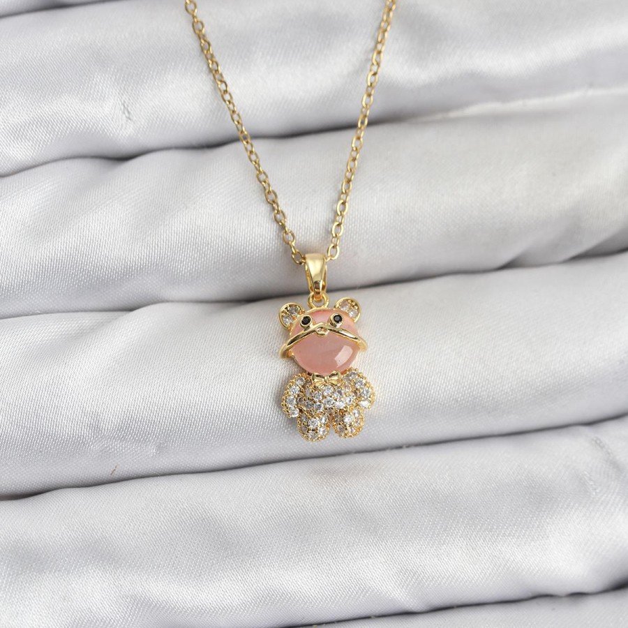 316L Steel Chain Gold Color Teddy Bear Model Zircon Stone Women s Necklace
