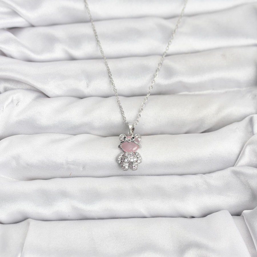 316L Steel Chain Silver Color Teddy Bear Model Zircon Stone Women s Necklace