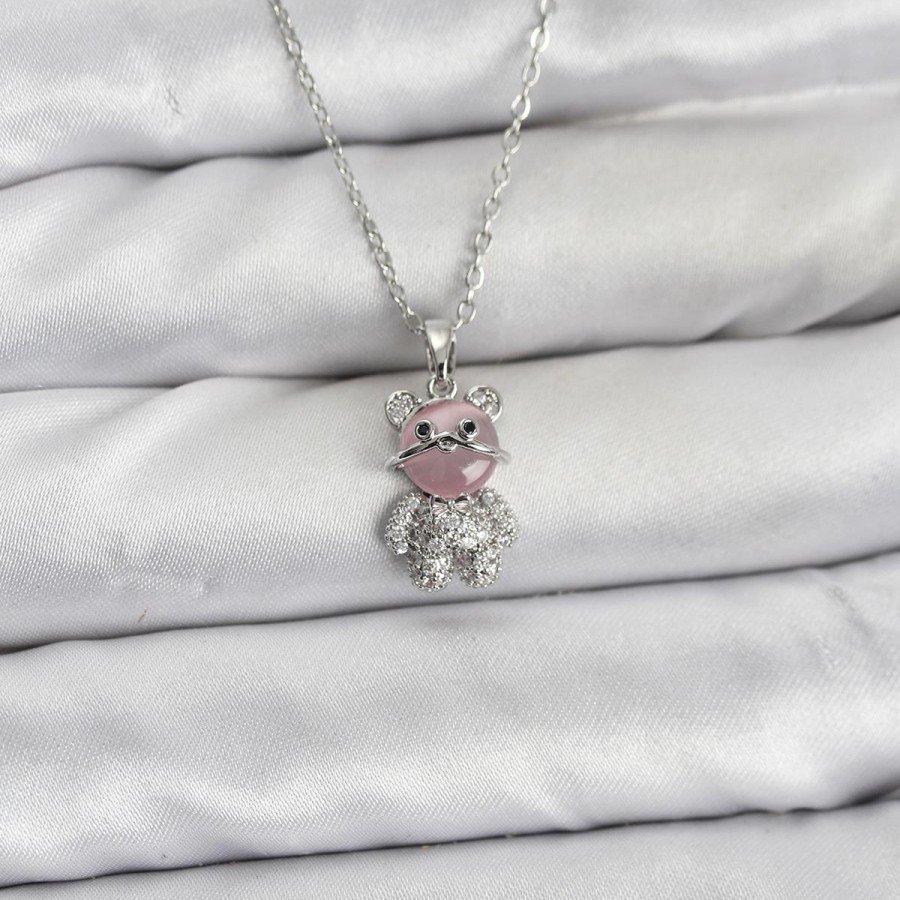 316L Steel Chain Silver Color Teddy Bear Model Zircon Stone Women s Necklace