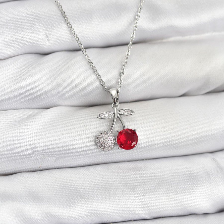 316L Steel Chain Silver Color Cherry Model Zircon Stone Women s Necklace
