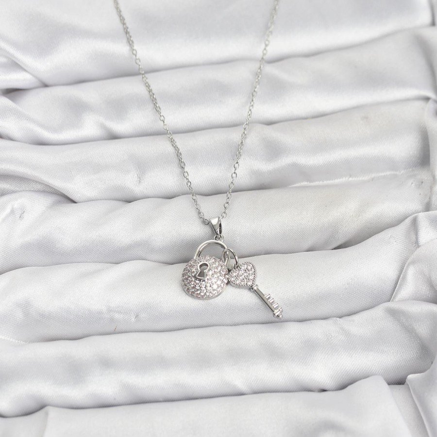 316L Steel Chain Silver Color Lock Key Model Zircon Stone Women s Necklace 316L Steel Chain Silver Color Lock Key Model Zircon Stone Women s Necklace