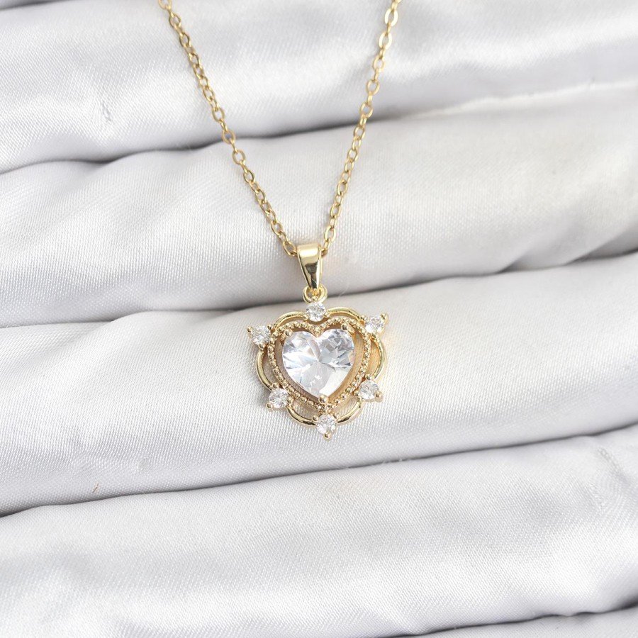 316L Steel Chain Gold Color Heart Model Zircon Stone Women s Necklace