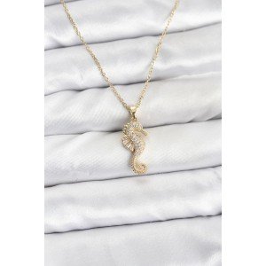 316L Steel Chain Gold Color Sea Horse Model Zircon Stone Women's Necklace
