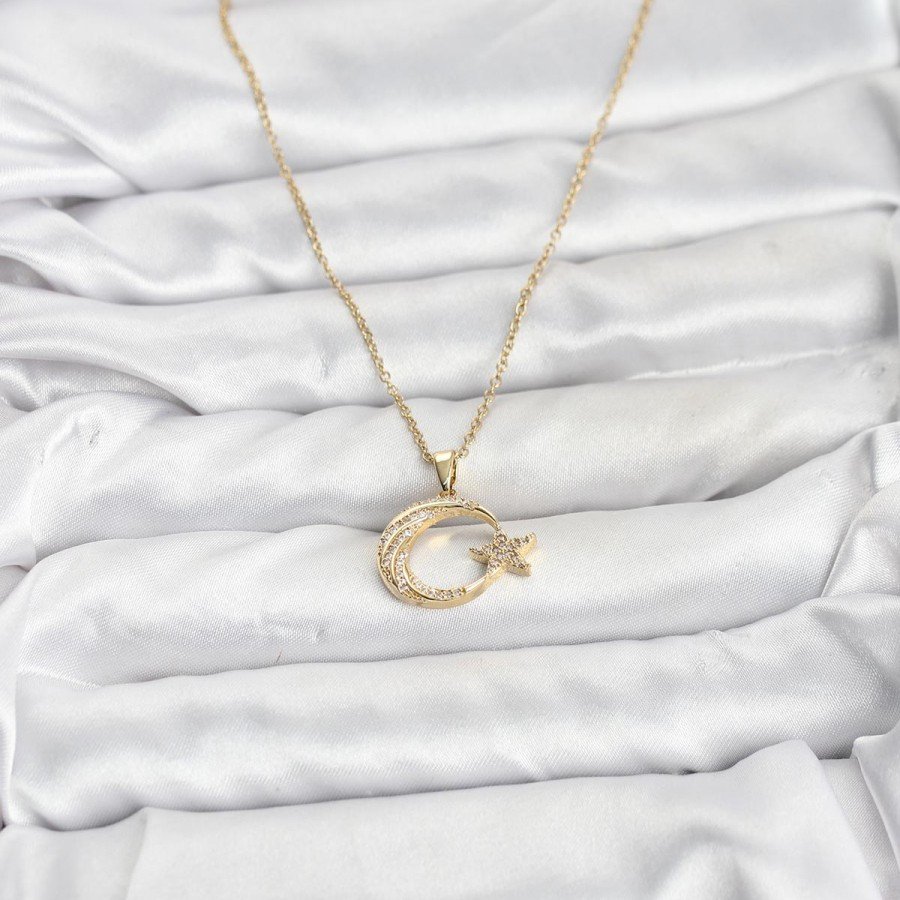 316L Steel Chain Gold Color Crescent Star Model Zircon Stone Women s Necklace 316L Steel Chain Gold Color Crescent Star Model Zircon Stone Women s Necklace