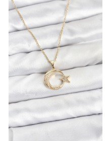 316L Steel Chain Gold Color Crescent Star Model Zircon Stone Women's Necklace