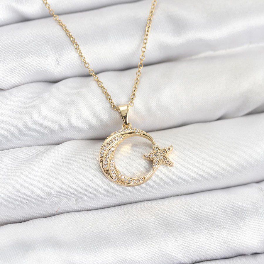 316L Steel Chain Gold Color Crescent Star Model Zircon Stone Women s Necklace 316L Steel Chain Gold Color Crescent Star Model Zircon Stone Women s Necklace