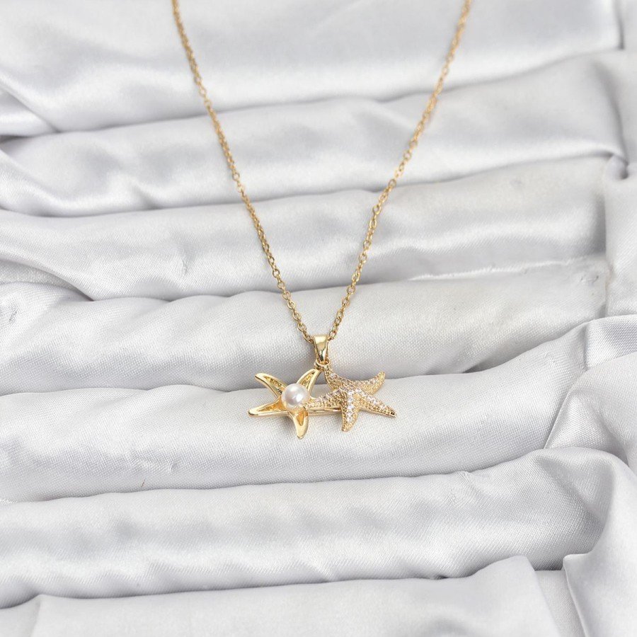 316L Steel Chain Gold Color Starfish Model Zircon Stone Women s Necklace