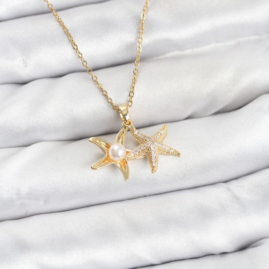 316L Steel Chain Gold Color Starfish Model Zircon Stone Women s Necklace