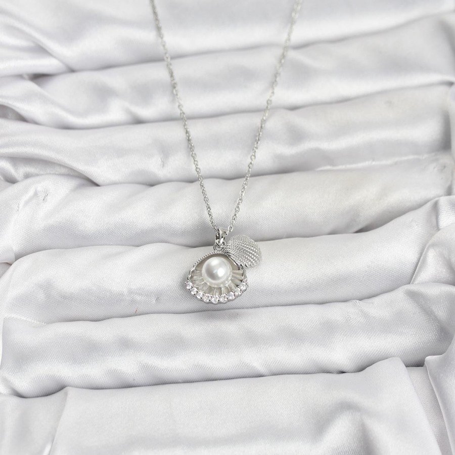 316L Steel Chain Silver Color Pearl and Shell Model Zircon Stone Women s Necklace 316L Steel Chain Silver Color Pearl and Shell Model Zircon Stone Women s Necklace