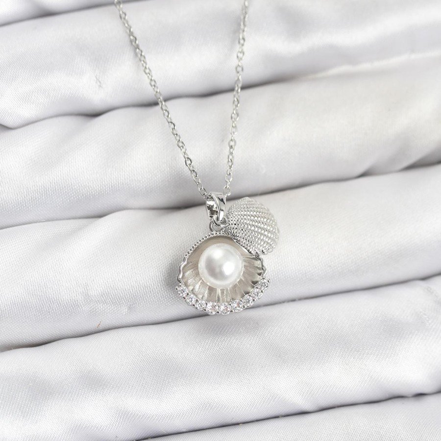 316L Steel Chain Silver Color Pearl and Shell Model Zircon Stone Women s Necklace 316L Steel Chain Silver Color Pearl and Shell Model Zircon Stone Women s Necklace
