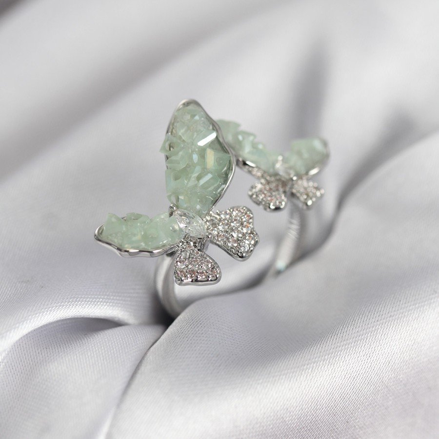 Silver Color Water Green Butterfly Model Zircon Stone Women s Ring