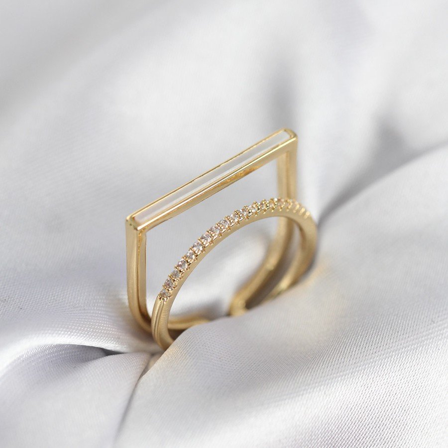 Set of 2 Women s Rings with Gold Color Pearl and Zircon Stones