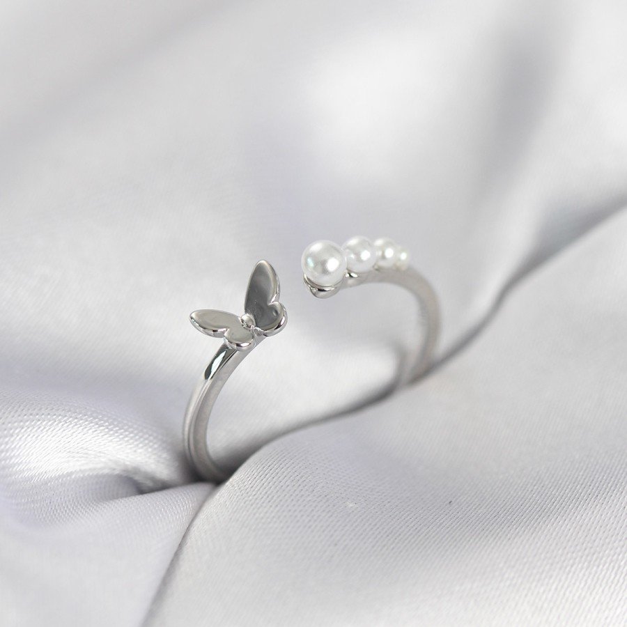 Butterfly Model Silver Color Brass Women s Ring with Pearls