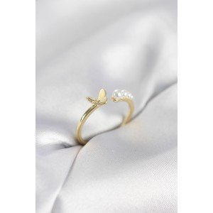Butterfly Model Gold Color Brass Women's Ring with Pearls Butterfly Model Gold Color Brass Women's Ring with Pearls