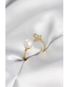 Butterfly Pearl Model Gold Color Zircon Stone Women's Ring