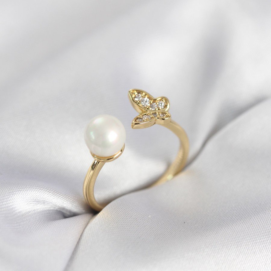 Butterfly Pearl Model Gold Color Zircon Stone Women s Ring