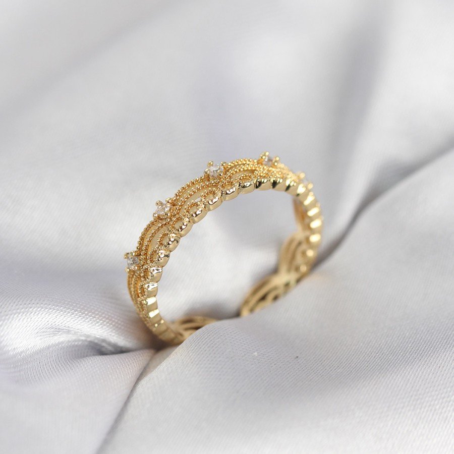 Gold Color Motif Patterned Zircon Stone Women s Ring