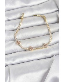 Gold Color Brass Waterway Women's Bracelet with Pink Clover Detail and Zircon Stone