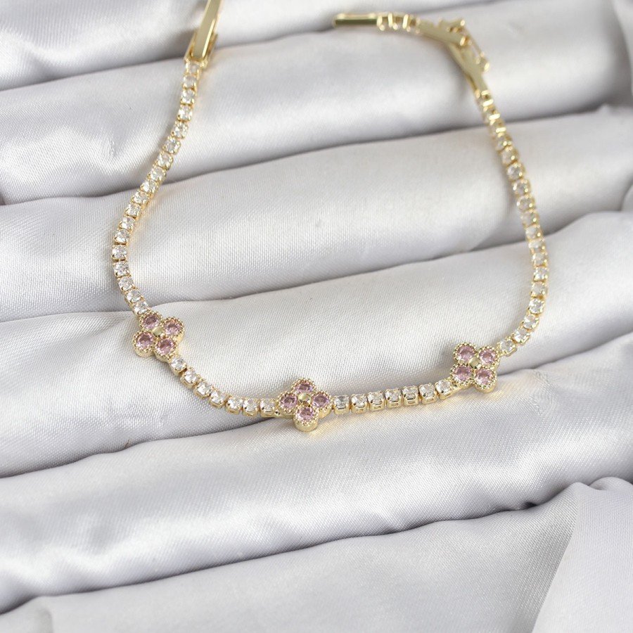 Gold Color Brass Waterway Women s Bracelet with Pink Clover Detail and Zircon Stone