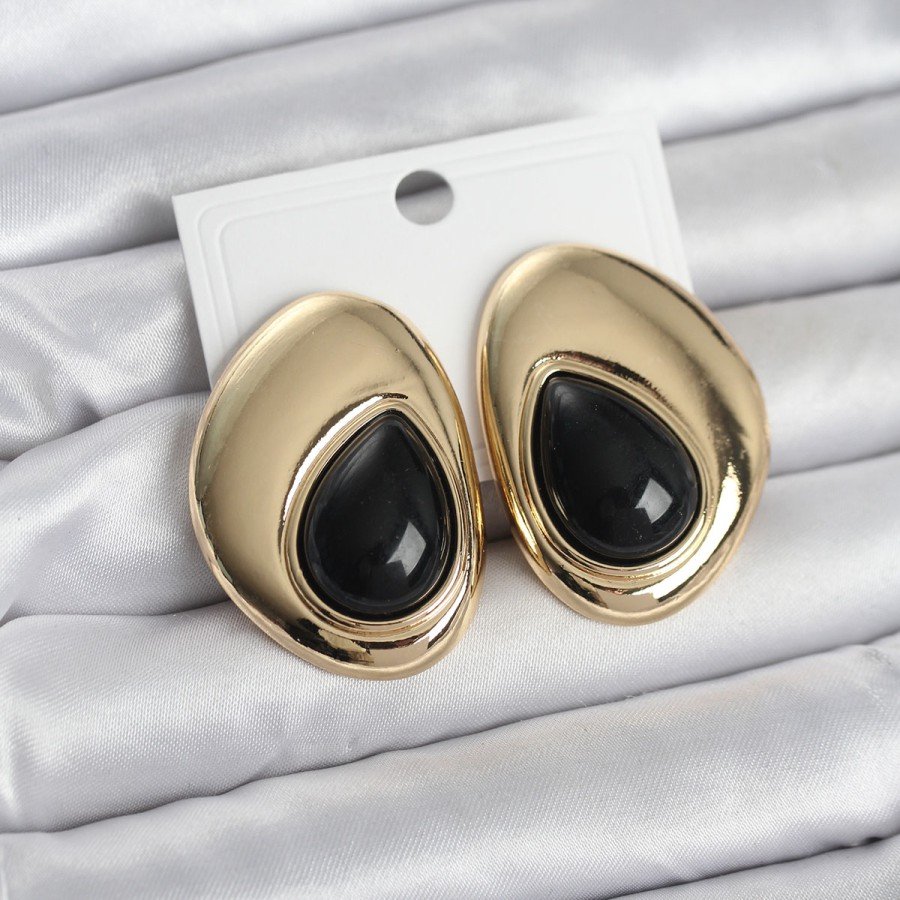 Brass Gold Color Black Stone Drop Model Vintage Women s Earrings