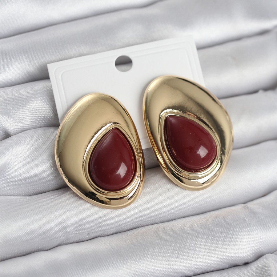 Brass Gold Color Claret Red Stone Drop Model Vintage Women s Earrings