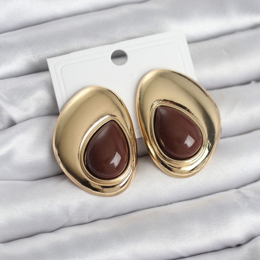 Brass Gold Color Brown Stone Drop Model Vintage Women s Earrings