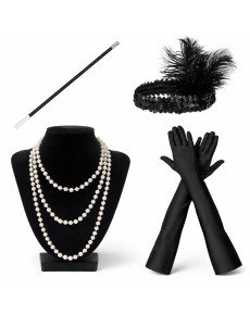 1920s Charleston Accessory Set – Pearl Necklace, Gloves, Cigarette Holder, Black Headband