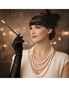 1920s Charleston Accessory Set – Pearl Necklace, Gloves, Cigarette Holder, Black Headband 1920s Charleston Accessory Set – Pearl Necklace, Gloves, Cigarette Holder, Black Headband