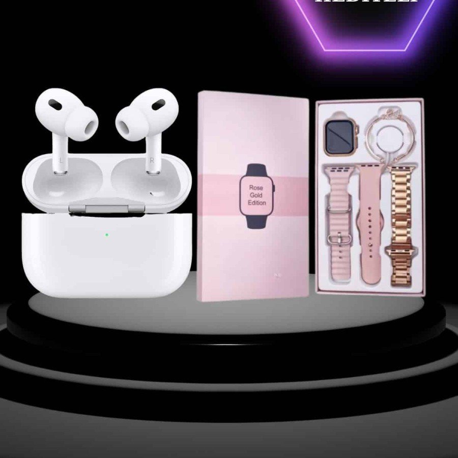 Pink Amoled Screen Smart Watch with 3 Bands and New Generation Pro Wireless Bluetooth Headset ANC/ENC
