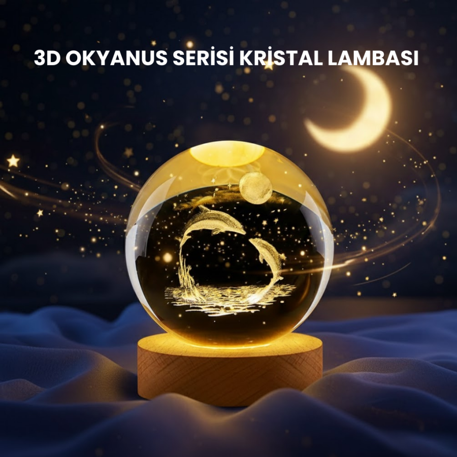 LED Crystal Ball with Dolphin Figure Decorative Night Light with Wooden Stand