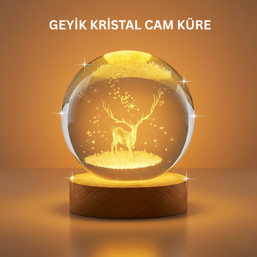 3D Deer Pattern Crystal Ball USB Light Wooden Base Room Lamp
