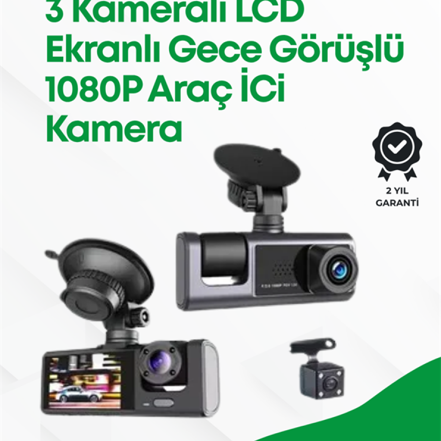 Three Camera Car Camera with 2.0” LCD Screen and Loop Recording Feature