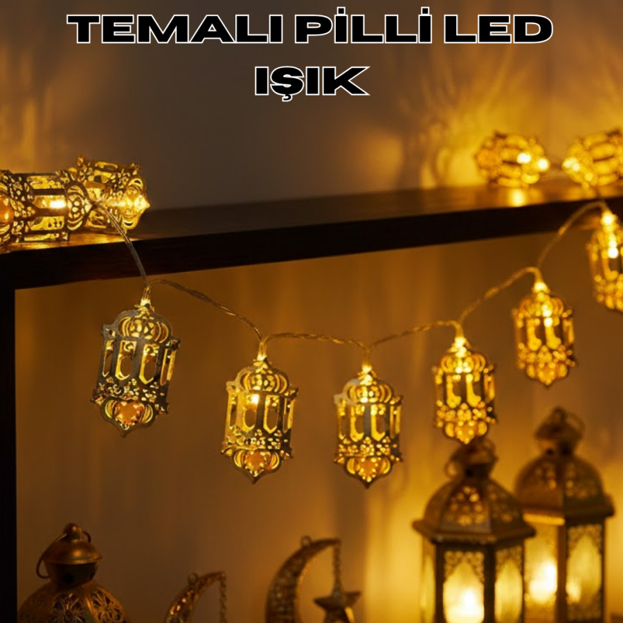 Battery Operated Ramadan Lights LED Ornament with Gold Color Lantern Figure
