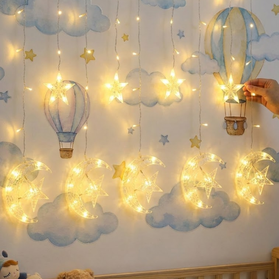 Decorative Moon Star Curtain Light Warm White Festival and Home Decoration