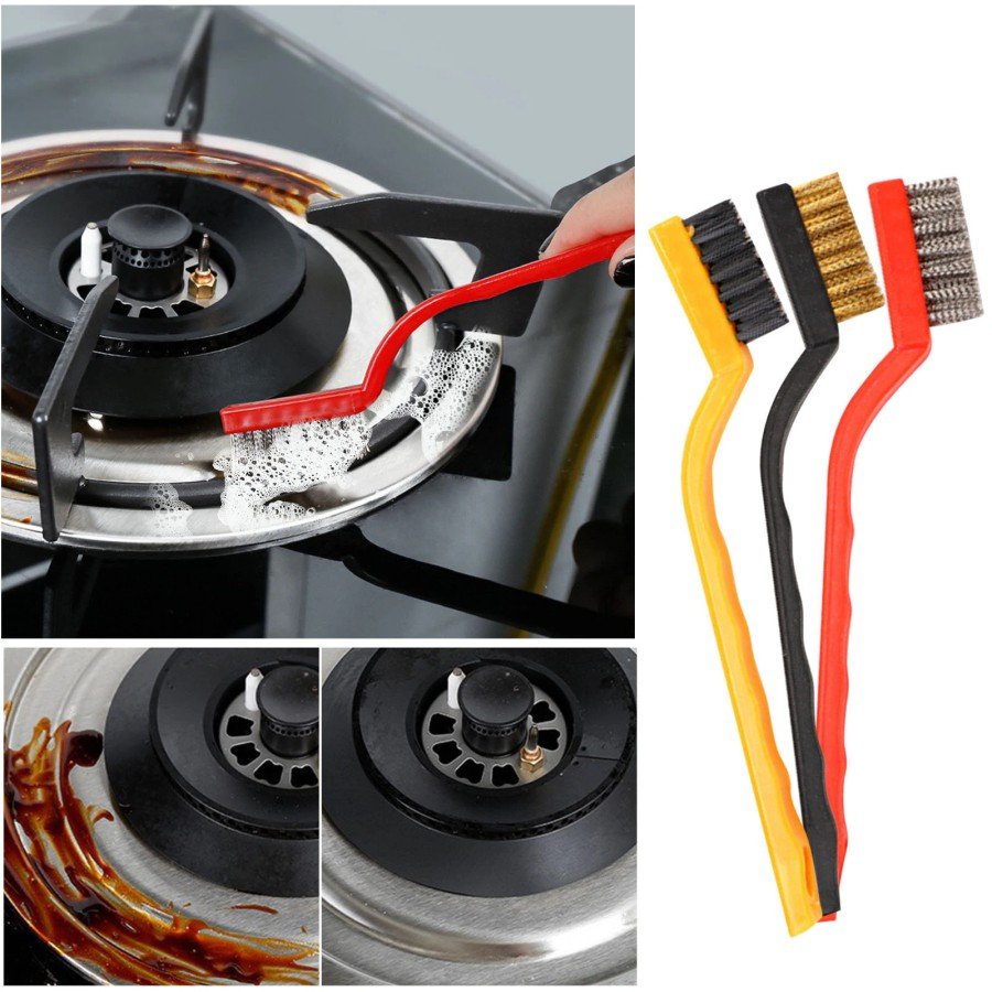 3-Piece Detail Cleaning Brush Set Car - Kitchen Stove - Tile Cleaning Brush (Copper - Iron - Plastic)