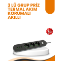 Triple Socket with Switch, 2 Meter Cable, 3 USB Ports
