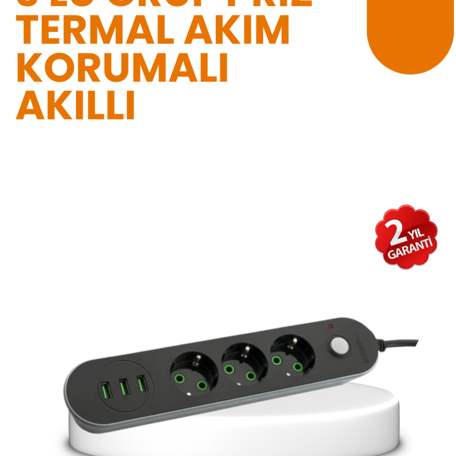 Triple Socket with Switch, 2 Meter Cable, 3 USB Ports