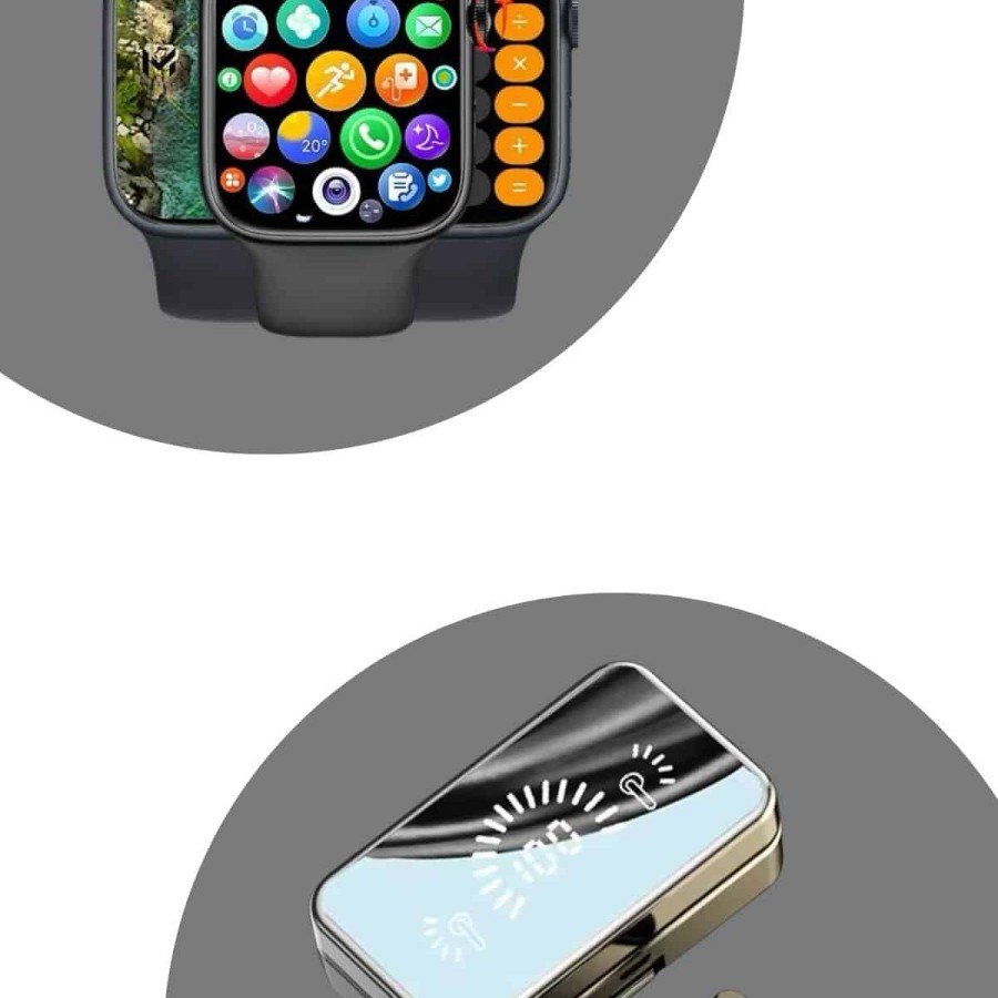 Powerbank Mirrored Bluetooth Headset and Smart Watch Set ANC Feature Touchscreen Powerbank Mirrored Bluetooth Headset and Smart Watch Set ANC Feature Touchscreen