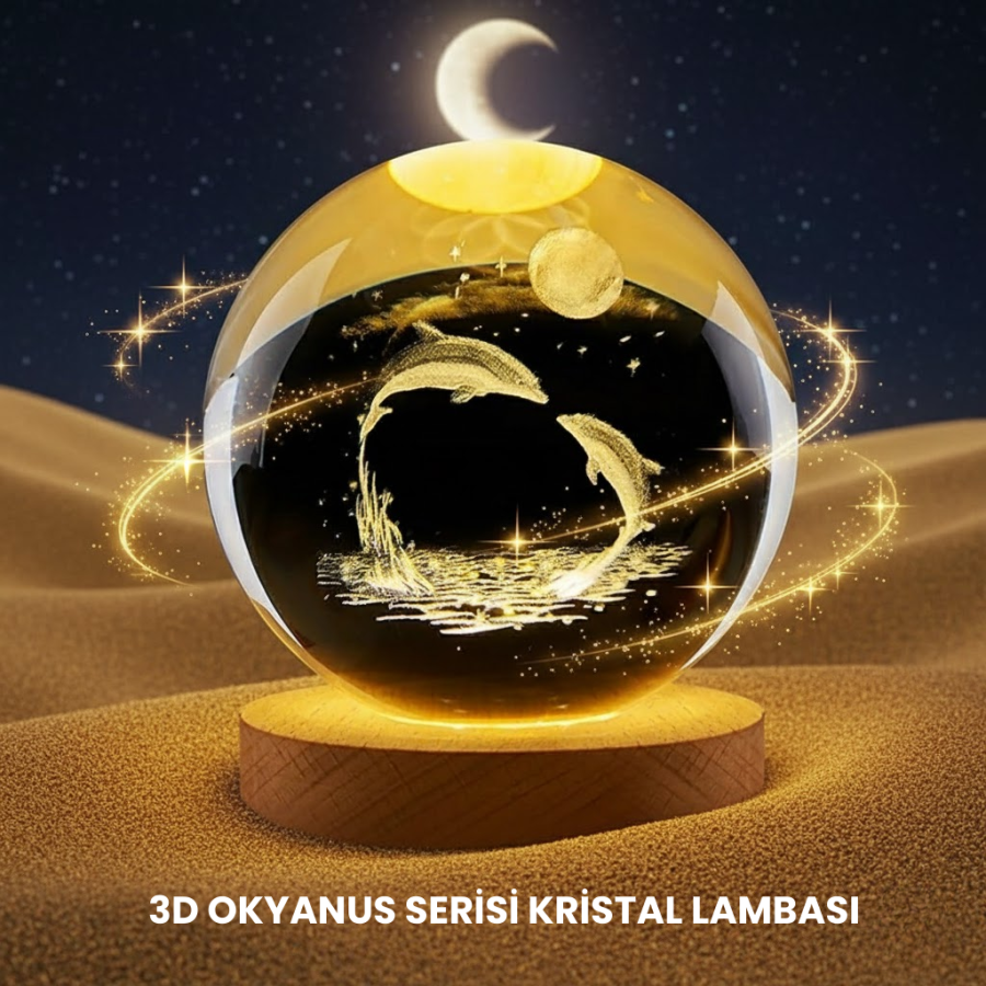 Dolphin Themed Crystal Ball USB Lighted Night Lamp with Wooden Base