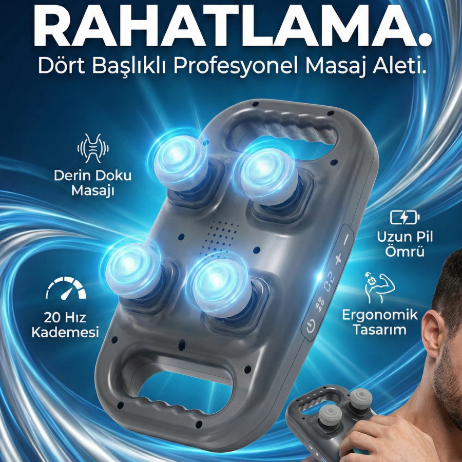 4 Başlıklı Masaj Tabancası - Ergonomik Derin Doku Sırt ve Boyun Masaj Aleti Ağrı ve Sızı Giderici 4 Başlıklı Masaj Tabancası - Ergonomik Derin Doku Sırt ve Boyun Masaj Aleti Ağrı ve Sızı Giderici