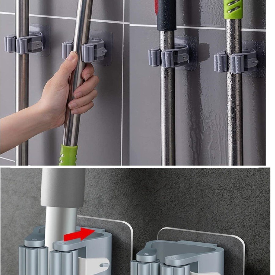 4 Piece Butterfly Adhesive Mop Brush Cleaner Mop Handle Holder Organizer Bathroom Organizer