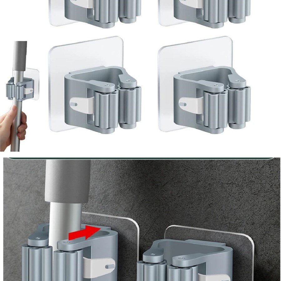 4 Piece Butterfly Adhesive Mop Brush Cleaner Mop Handle Holder Organizer Bathroom Organizer